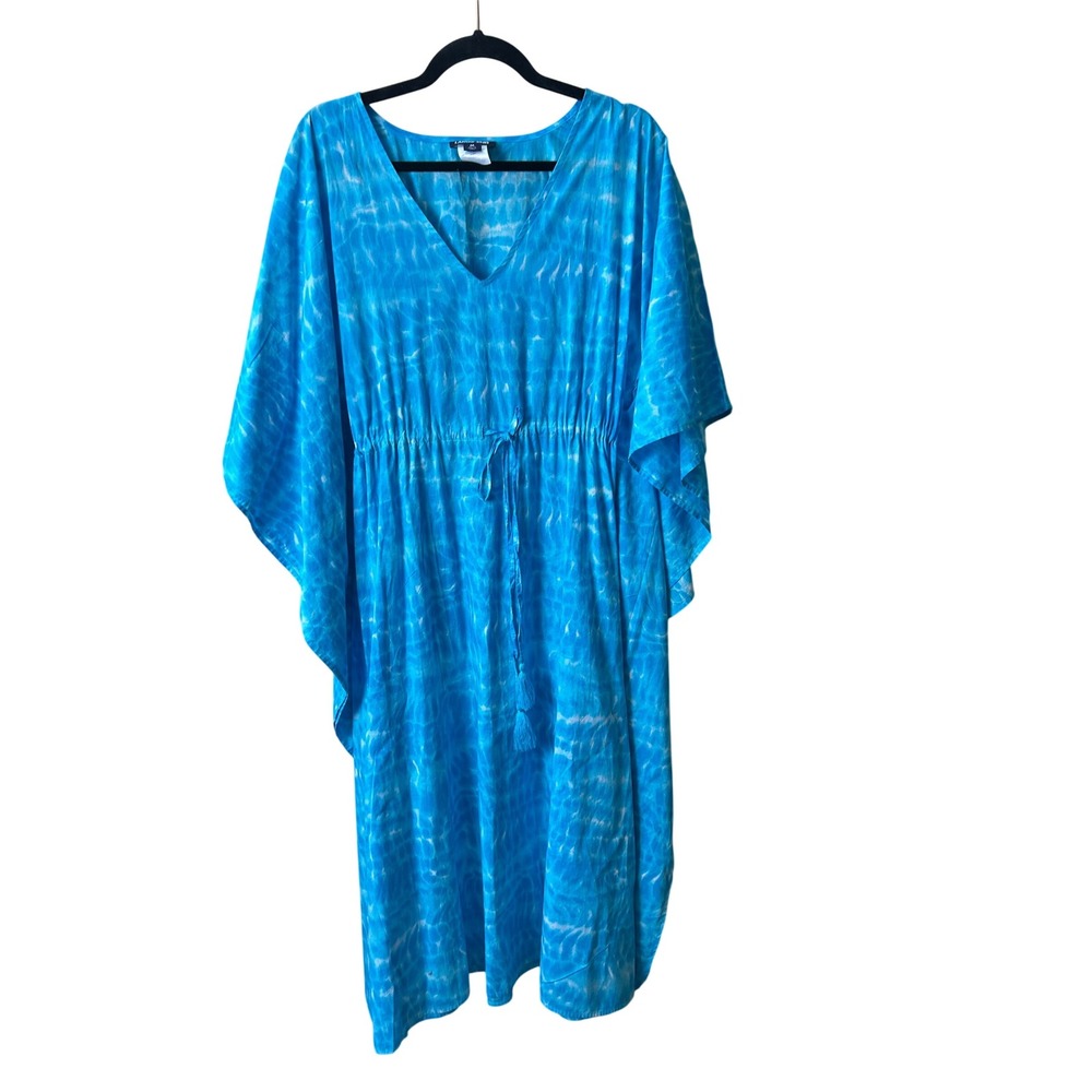 Lands' End Blue Tie Dye V-Neck Kaftan Dress Cover Up Size M